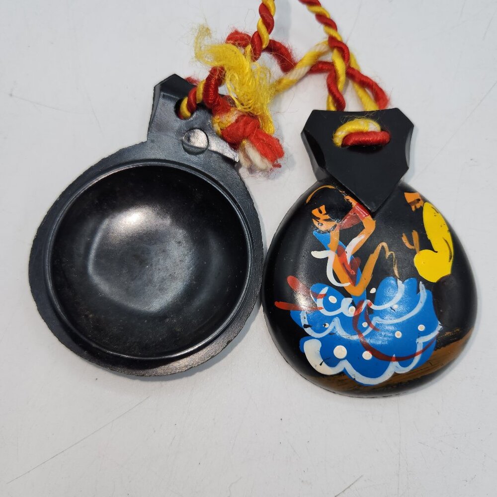 Vintage Traditional Spanish Castanets Black Hand Painted Flamenco Dancers